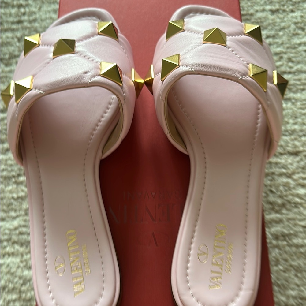 Valentino Pink Slide Sandals with Gold Studs